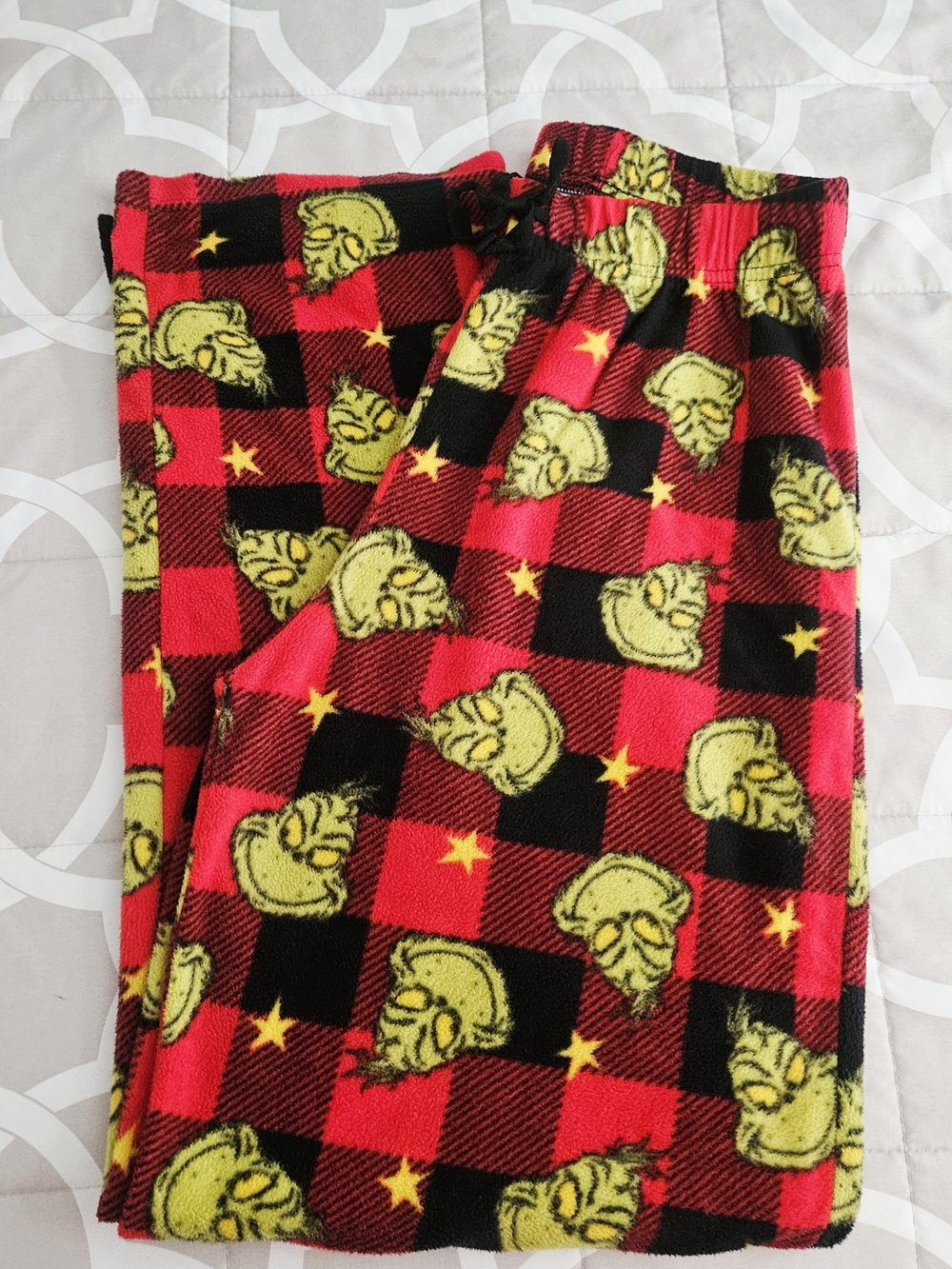 Adult Red & Black Plaid Grinch Fleece Bottoms with Yellow Character Print